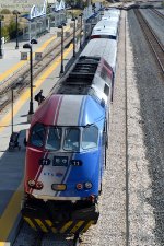 UTA MP-36 #11 pushes a westbound (southbound) at the station in Farmington, UT. October 1, 2019